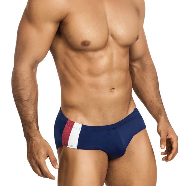 Patriotic Swim Brief or Bikini in Navy Blue with Red & White Side Striping - 434-3