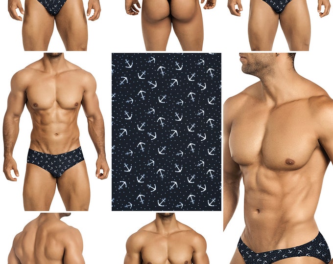 White Anchors on Navy-Black Swimsuits for Men by Vuthy Sim.  Choose Thong, Bikini, Brief, Squarecut - 182