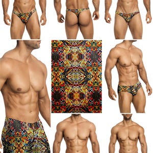 Op de afbeelding: Een collectie zwemkleding met een levendig, meerkleurig glas-in-loodpatroon. De set bevat verschillende stijlen zoals slips, zwembroeken en shorts, die allemaal een complex geometrisch ontwerp tonen met tinten rood, geel, blauw en zwart.