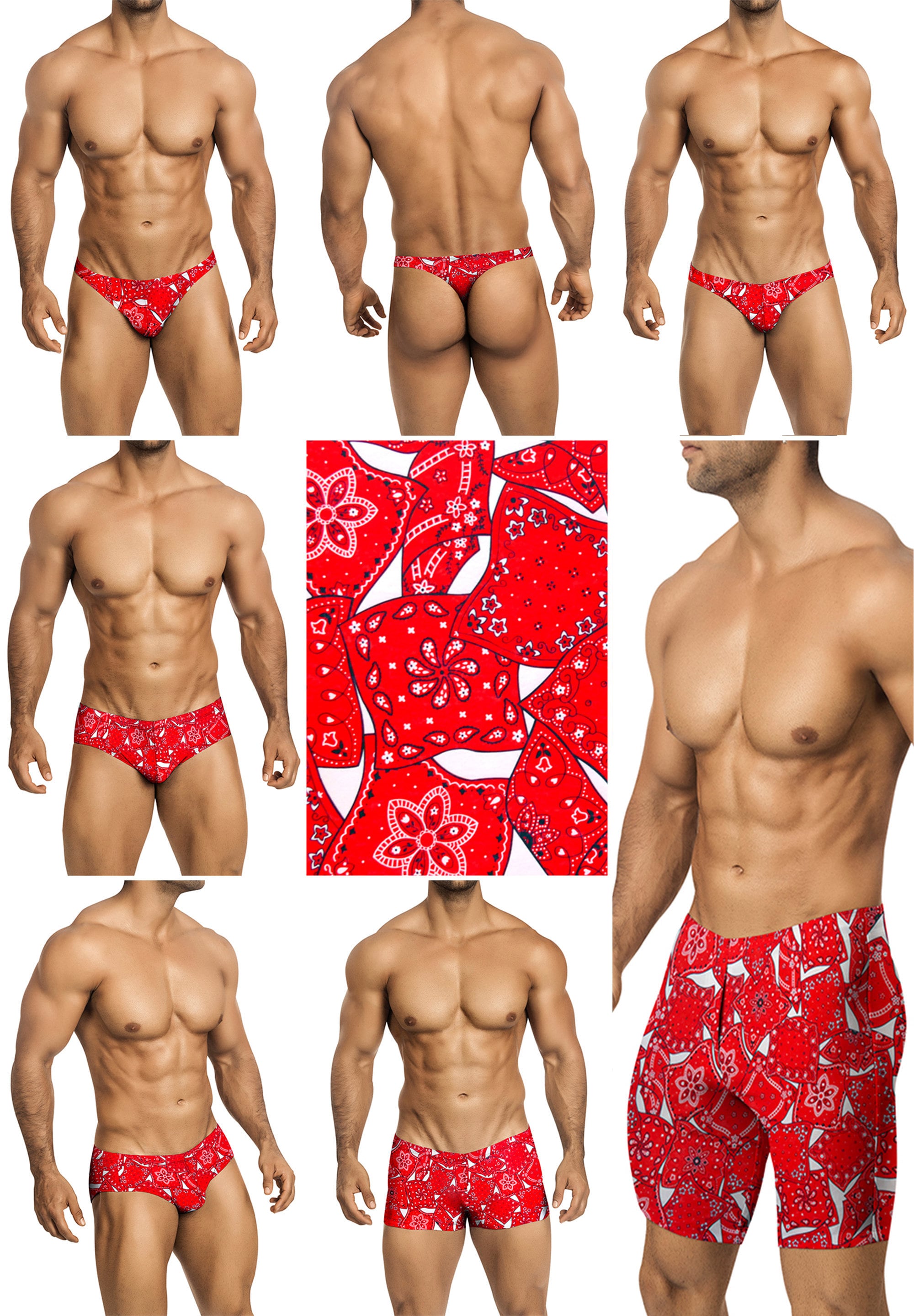 Red Bandana Swimsuits for Men by Vuthy Sim in Thong, Bikini, Brief