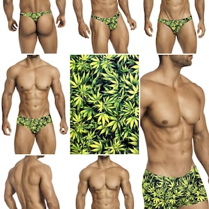 May include: A set of men's underwear with a green and yellow marijuana leaf print. The underwear is available in three styles: a thong, a brief, and a boxer.