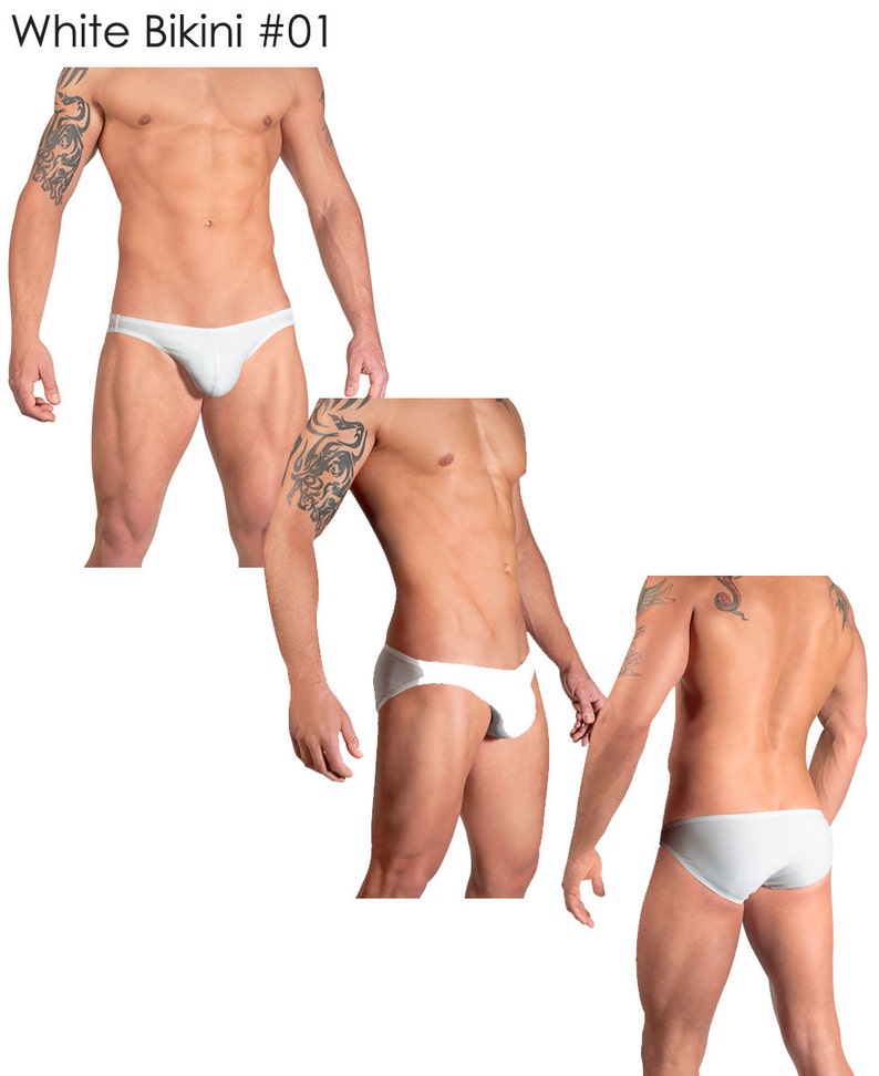 Solid White Swimsuits for Men by Vuthy Sim in Thong, Bikini, Brief, Squarecut, Boxer, or Board Shorts 01 image 2