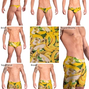 Maillots de bain bananes jaunes sur feuilles vertes pour homme par Vuthy Sim.  String, bikini, slip, coupe carrée - 151