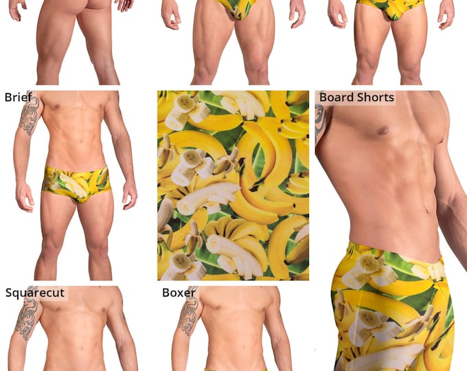 Yellow Bananas on Green Leaves Swimsuits for Men by Vuthy Sim.  Thong, Bikini, Brief, Squarecut - 151