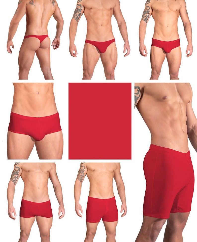 Solid Red Swimsuits for Men by Vuthy Sim in Thong, Bikini, Brief, Squarecut, Boxer or Board Shorts 05 image 1