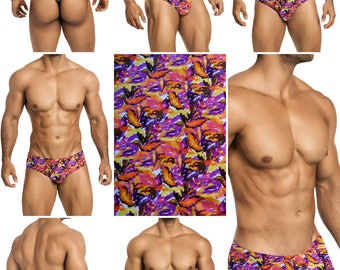 Red-Orange-Purple Foliage Mens Swimsuits by Vuthy Sim.  Choose Thong, Bikini, Brief, Squarecut - 172