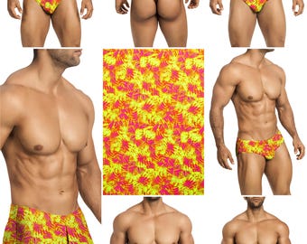 Hot Pink & Yellow Feather Swimsuits in 7 Styles for Men by Vuthy Sim - 449