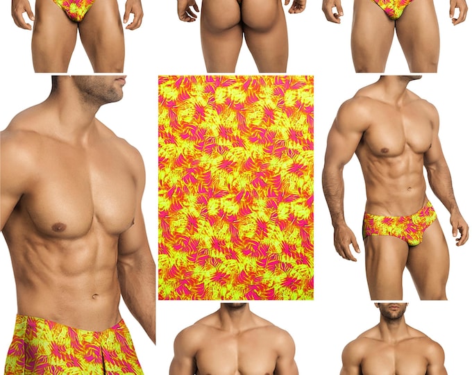 Hot Pink & Yellow Feather Swimsuits in 7 Styles for Men by Vuthy Sim - 449
