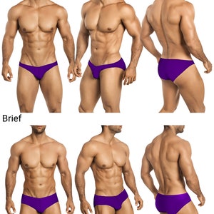 May include: Two different styles of purple men's underwear. The first style is a bikini cut and the second style is a brief cut.