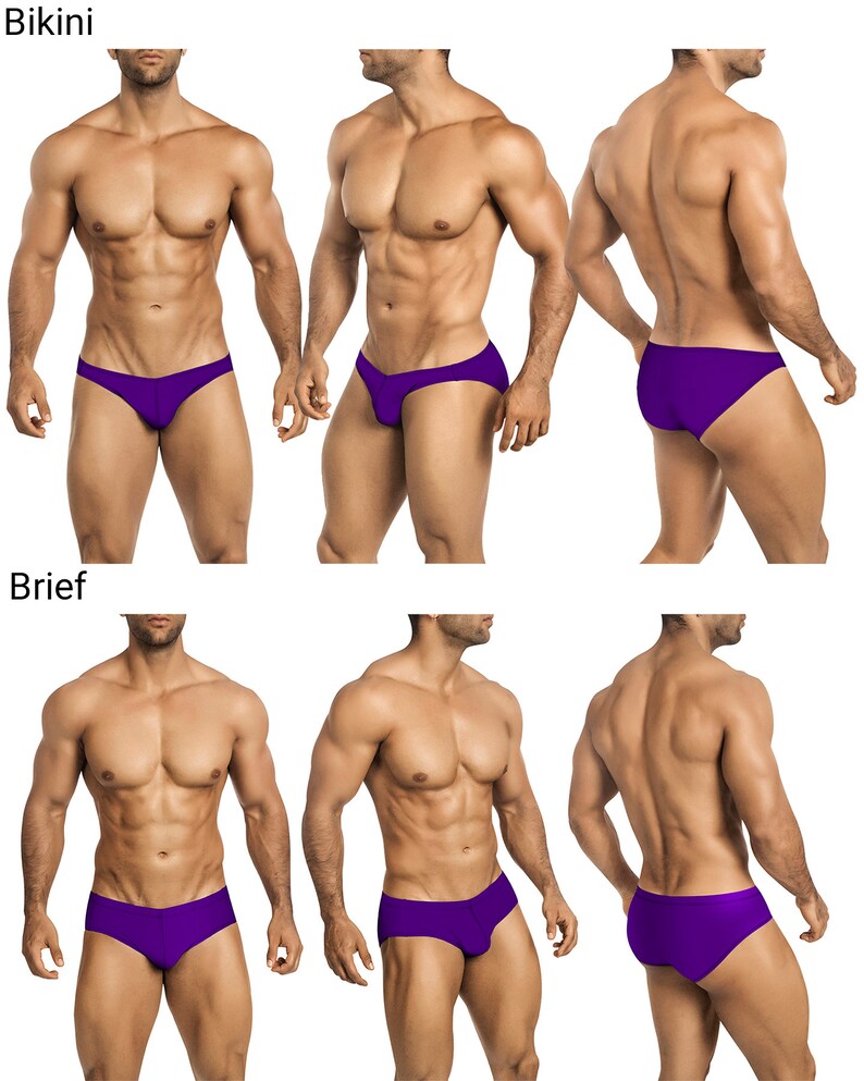 May include: Two different styles of purple men's underwear. The first style is a bikini cut and the second style is a brief cut.