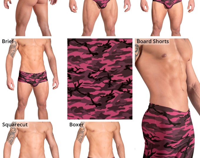 Pink and Gray Camouflage Swimsuits for Men by Vuthy Sim.  Thong, Bikini, Brief, Squarecut, Boxer, or Board Shorts - 159