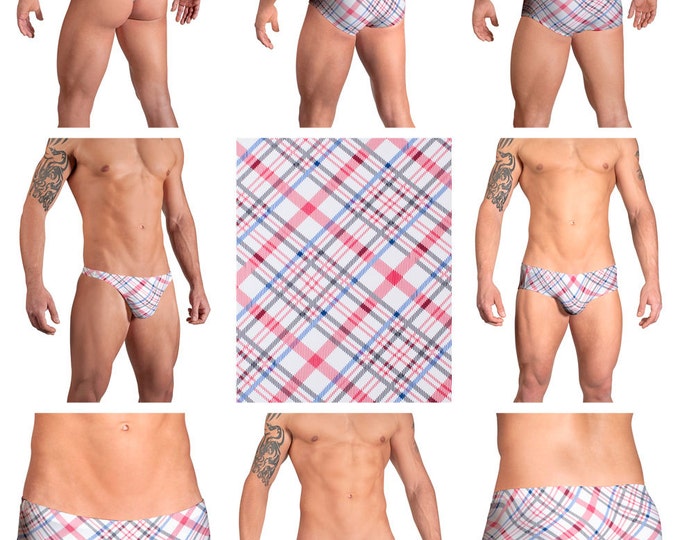 White Plaid Print Swimsuits for Men by Vuthy Sim.  Choose Thong, Bikini, Brief, or Squarecut - 134