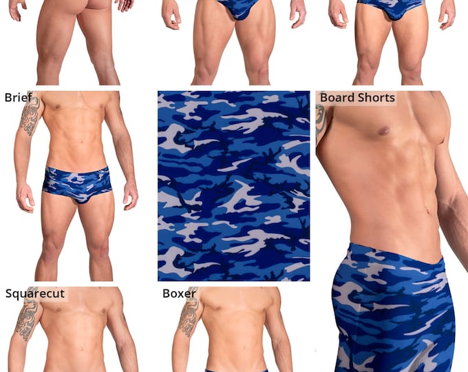 Blue Camouflage Swimsuits for Men by Vuthy Sim.  Thong, Bikini, Brief, Retro Brief - 150