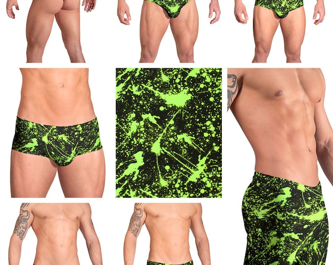 Brilliant Neon Green "Splatter" Swimsuits for Men by Vuthy Sim.  Choose Thong, Bikini, or Brief - 123