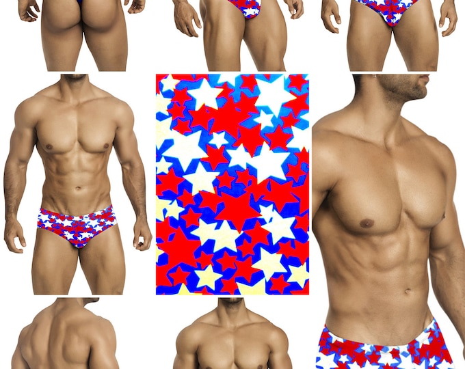 Red, White & Blue Starburst Swimsuits for Men by Vuthy Sim.  Choose Thong, Bikini, Brief - 189