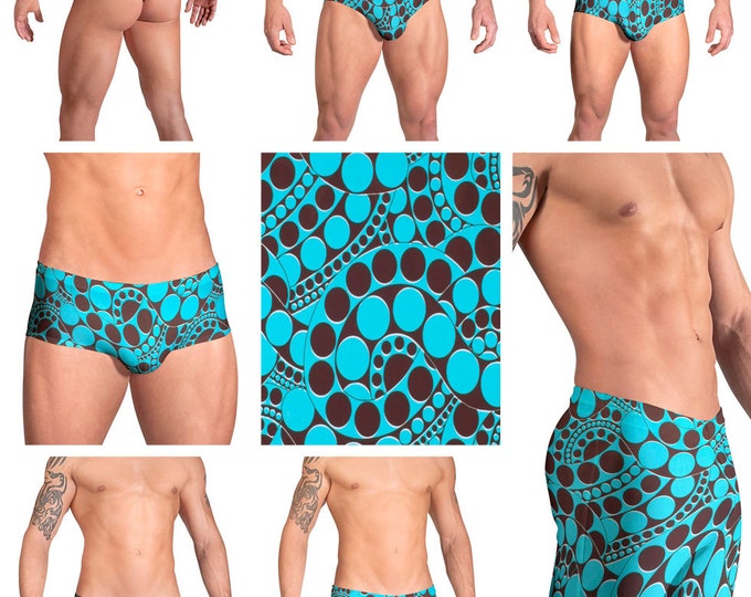 Teal & Brown Print Swimsuits for Men by Vuthy Sim.  Choose Thong, Bikini, Brief, Squarecut, Boxer, or Board Shorts - 129