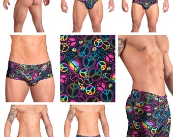 Black "Peace" Mens Swimsuits by Vuthy Sim.  Choose from Thong, Bikini, Brief, Squarecut, Boxer, Board - 109