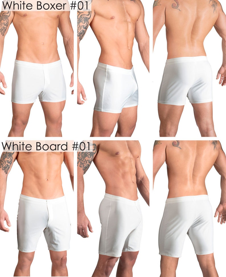 Solid White Swimsuits for Men by Vuthy Sim in Thong, Bikini, Brief, Squarecut, Boxer, or Board Shorts 01 image 5