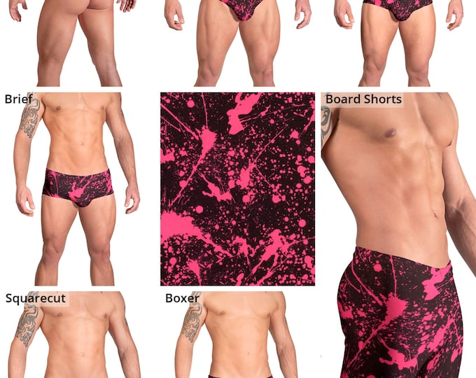 Pink and Black Splatter Swimsuits for Men by Vuthy Sim.  Thong, Bikini, Brief, Squarecut, Boxer, or Board Shorts - 153