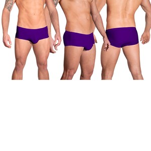 May include: Purple men's briefs with a low rise and a smooth, silky fabric.