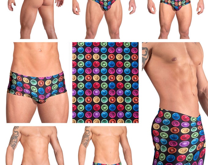 Condom Pattern Mens Swimsuits by Vuthy Sim.  Choose from Thong, Bikini, Brief, Squarecut - 100