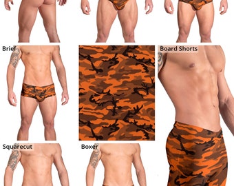 Deep Orange & Gray Camouflage Swimsuits for Men by Vuthy Sim.  Thong, Bikini, Brief, Squarecut, Boxer, or Board Shorts - 160