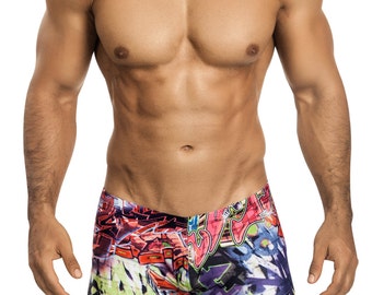 Masculine Men’s Squarecut Swimsuit in Kinetic Graffiti Print from Designer Vuthy Sim - 151-5