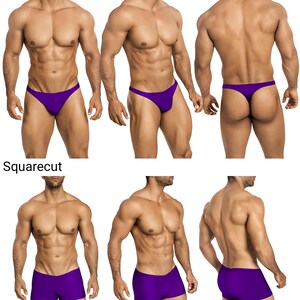 May include: Two different styles of men's underwear are shown. The first style is a thong, and the second style is a square cut. Both styles are purple.