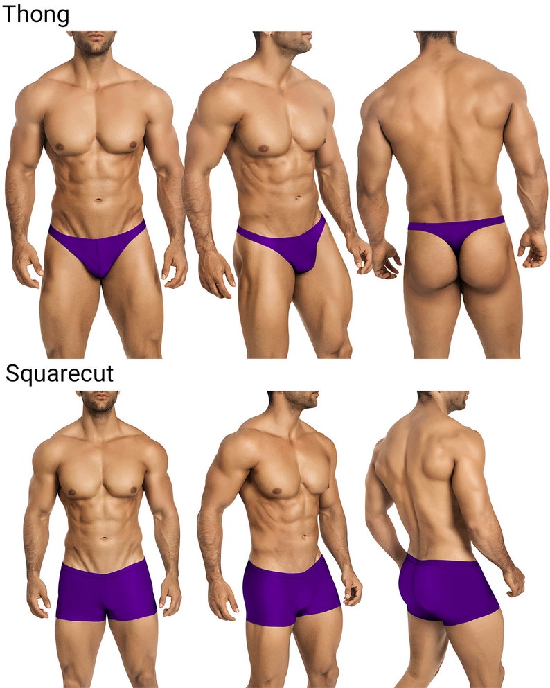 May include: Two different styles of men's underwear are shown. The first style is a thong, and the second style is a square cut. Both styles are purple.