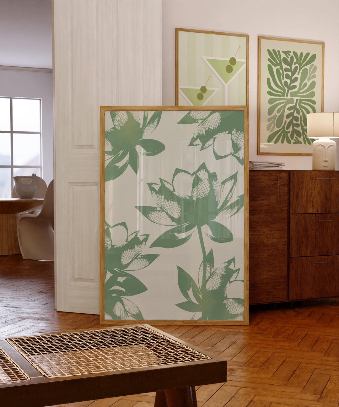 Sage Green Flower Digital Art Print, Vintage Lotus Floral Wall Art ...