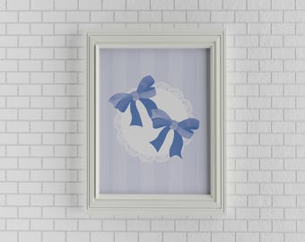 Arte de pared con lazo azul, póster de lazo pastel, decoración infantil, lazos de acuarela, estética coqueta, arte de pared chinoiserie, arte Toile Grandmillennial