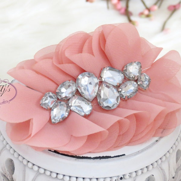 New to Shop: Salmon Peach Chiffon Silk Layered Fabric Flowers with Rhinestones Sewn On - Bridal Favor Hair Applique Brooch headband