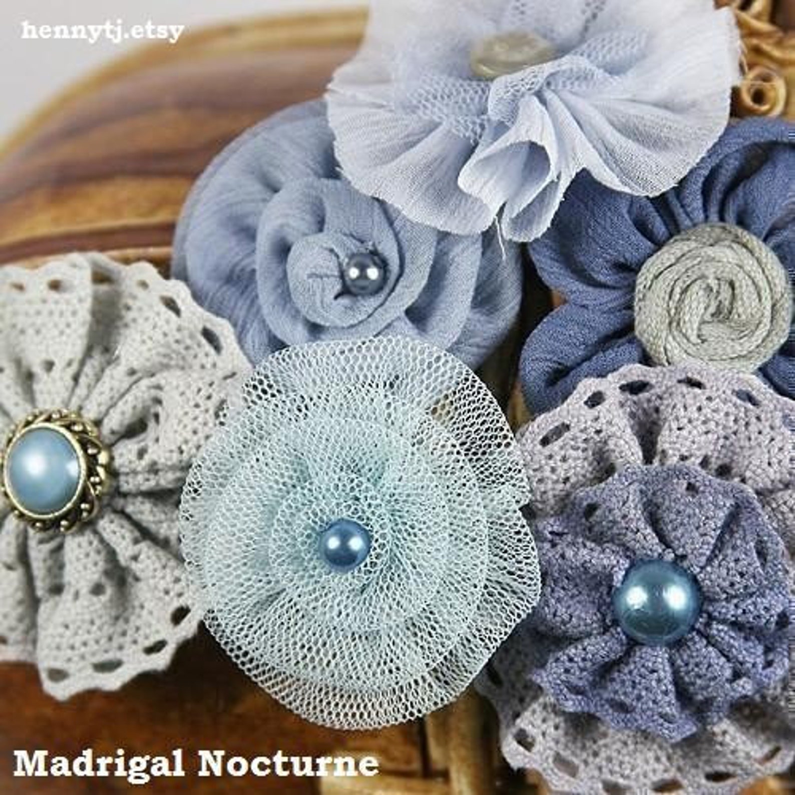 Black and Gray Fabric Flowers Set of 2 Prima Marketing Epiphany