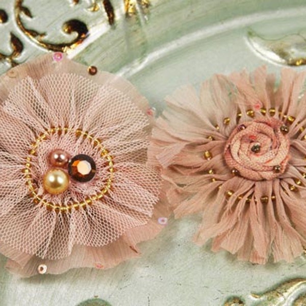 Prima Flowers: Zazi Collection - Clay Tan Brown Chiffon and tulle Fabric flowers with beaded lace centers & sequin accents