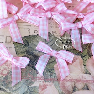 25 pcs Adorable Checkered Tiny Small Pink White Bows, Fabric Bows Tie