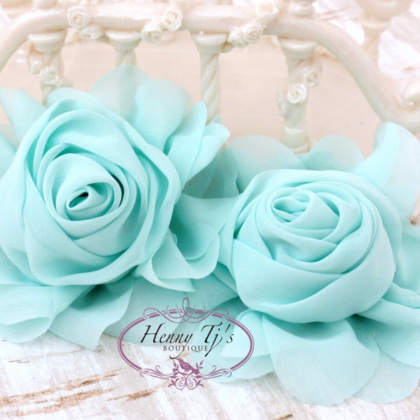 New: Gladys Collections - AQUA MINT 3.75" Chiffon Silk Rolled Rosette Rose Fabric Flowers. Wedding Supplies. Hair Applique. Headband Flowers