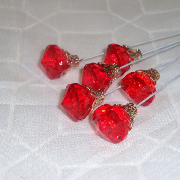 3 Medium Faceted Diamond Red Crystal Gem on wire Bridal Wedding Fascinator Hair Accessory