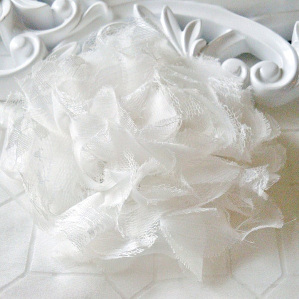 1 pc - OFF WHITE Large Shabby Chic Frayed Chiffon Mesh and Lace Rose Fabric Flower