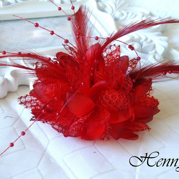 2 pcs Fashionable Gorgeous feather beads lace flowers with FLAT on the back - Deep Red