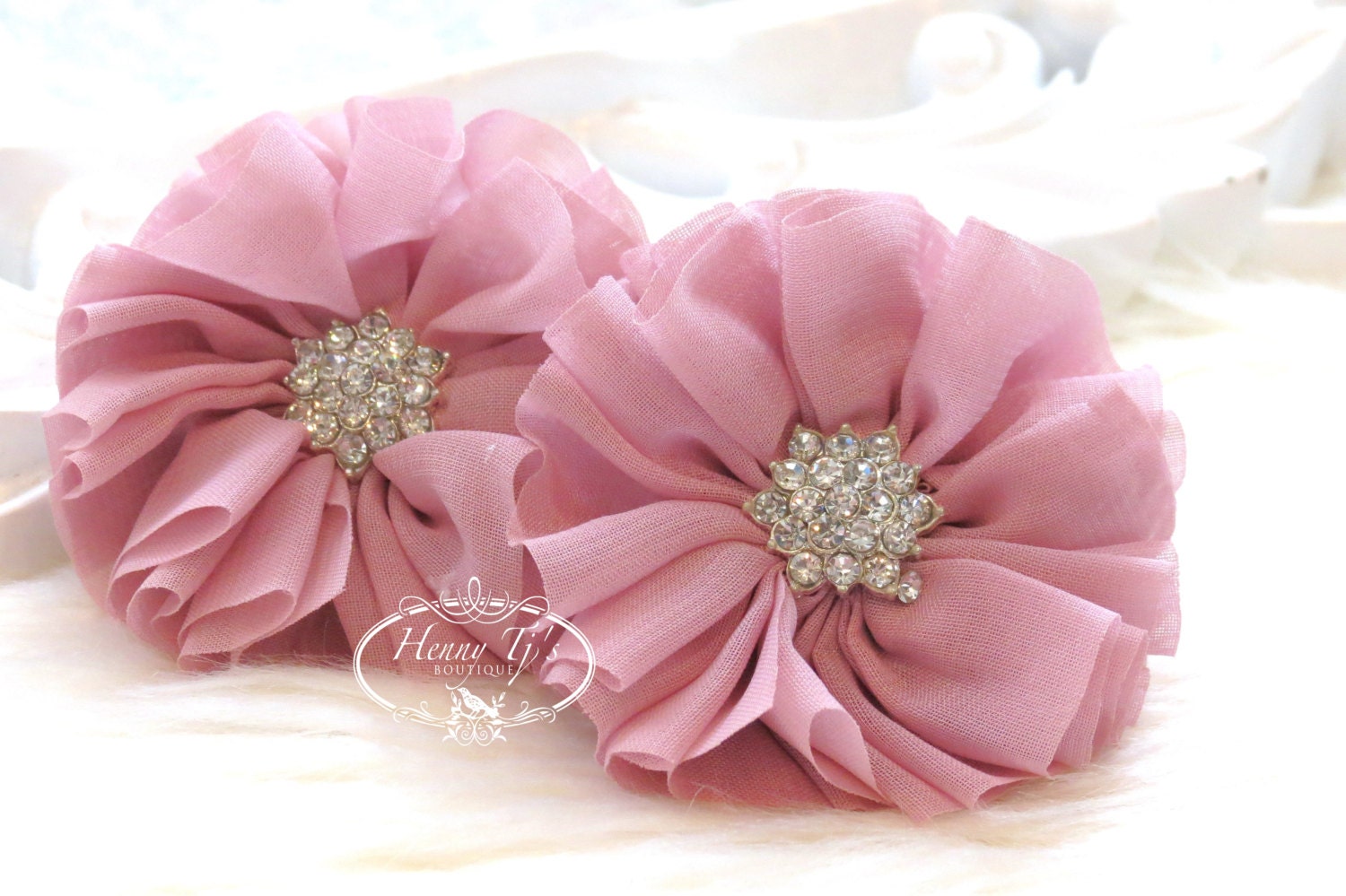 3 pcs Gray 3/" chiffon lace folded flowers w// rhinestones /& pearls DIY supplies