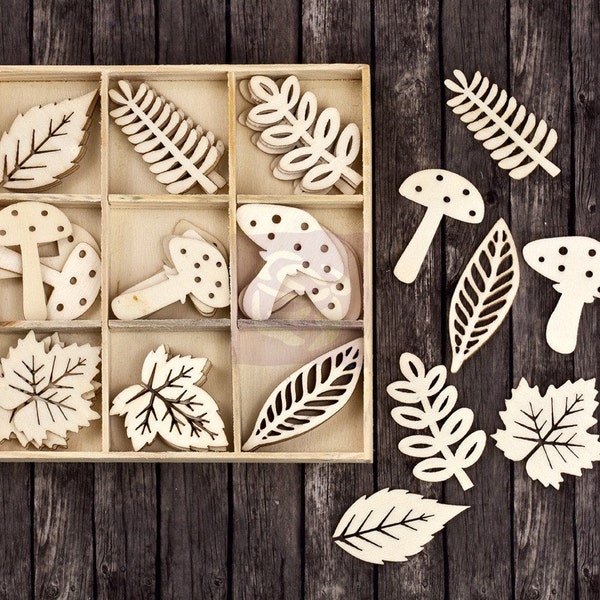 NEW: Prima "Wooden Icons In A Box" Leaves and Mushrooms 563868 Laser cut Wood Embellishments Vintage style distressed