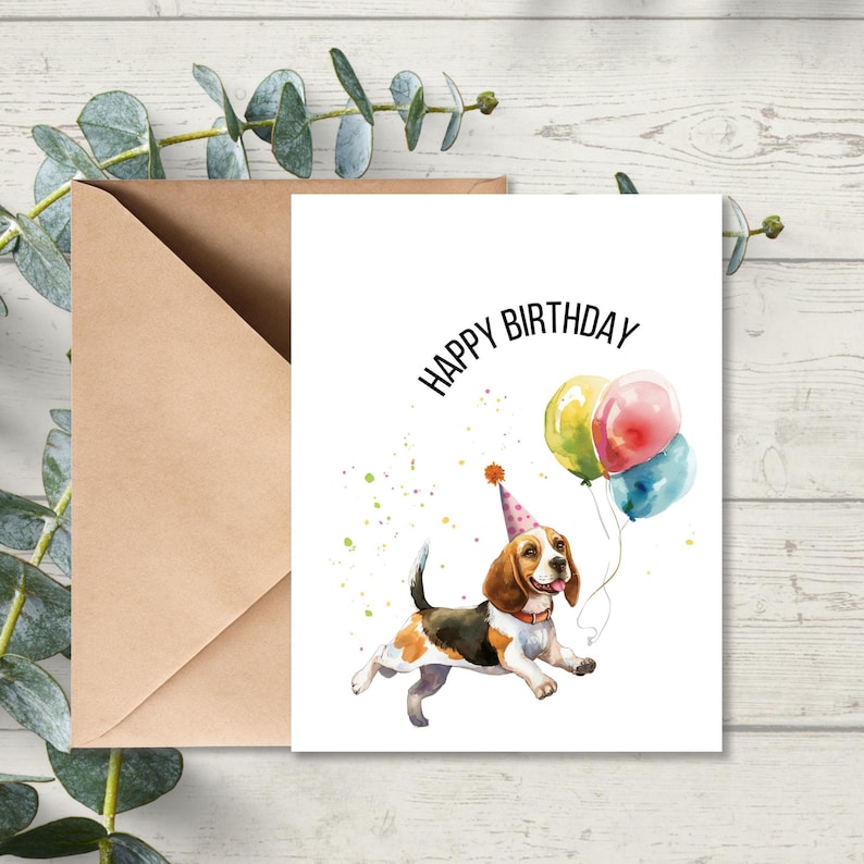 Beagle Birthday Card With Balloons and Party Hat, Happy Dog Birthday ...