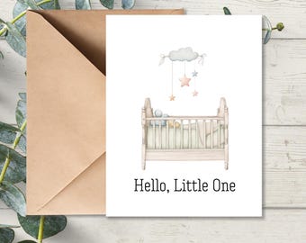 New Baby Card. Congratulations Newborn Card, Welcome Baby Crib Card, Adorable Newborn Watercolor Card. Envelope Included.