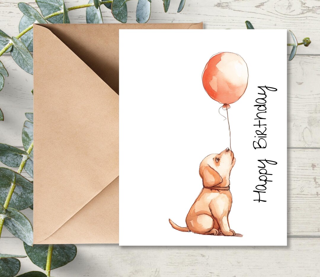 Cute Puppy Birthday Card With Balloon Illustration, Watercolor Dog ...