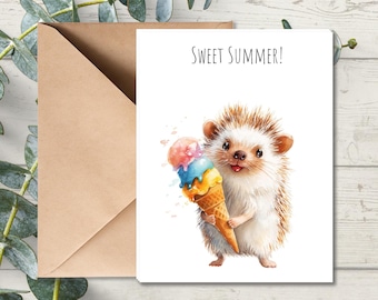 Hedgehog Summer Card, Sweet Summer Greeting Card, Cute Hedgehog Card, Ice Cream Animal Card, Woodland Animal Card, Just Because Card