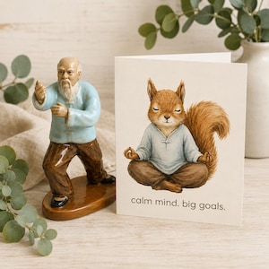 Vintage Shiwan Pottery Mudman Kung Fu Master Figurine With Mindfulness Squirrel Greeting Card Asian Collectible Decor Gift