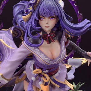 May include: A purple and gold anime figurine of a female character with long purple hair, wearing a purple and white kimono with a red bow. The figurine is posed with one hand raised and the other hand on her hip.