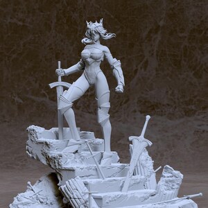 May include: A white, 3D printed figurine of a female warrior wearing a crown and armor, holding a sword. The figurine is standing on a base of broken stone and swords.