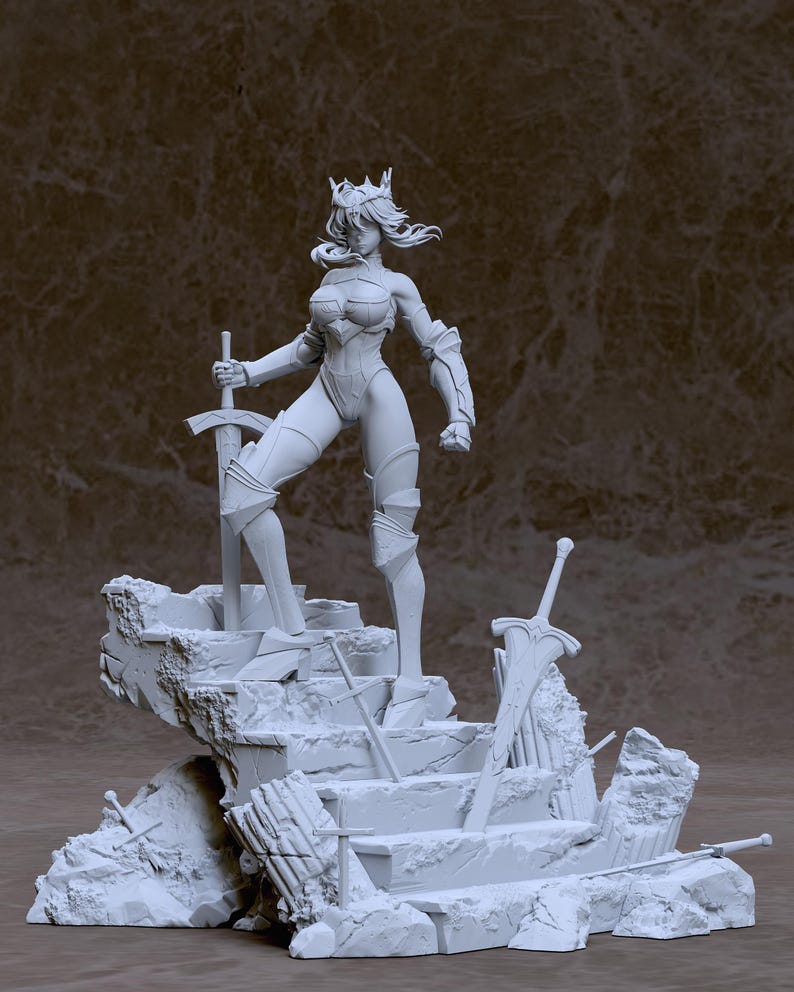 May include: A white, 3D printed figurine of a female warrior wearing a crown and armor, holding a sword. The figurine is standing on a base of broken stone and swords.