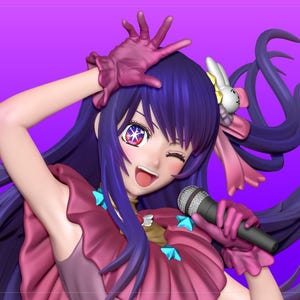 以下が含まれることがあります： 長い濃い青色の髪をした女性アニメキャラクターのデジタルイラスト。ピンクとブルーのドレスを着て、ピンクのグローブをはめ、マイクを持っている。髪にはピンクのリボン、白いウサギの耳のヘッドバンドをしている。